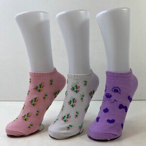 Womens Ankle Socks Set 3 Floral Dalmatian Dog Pattern Pink White Purple Green